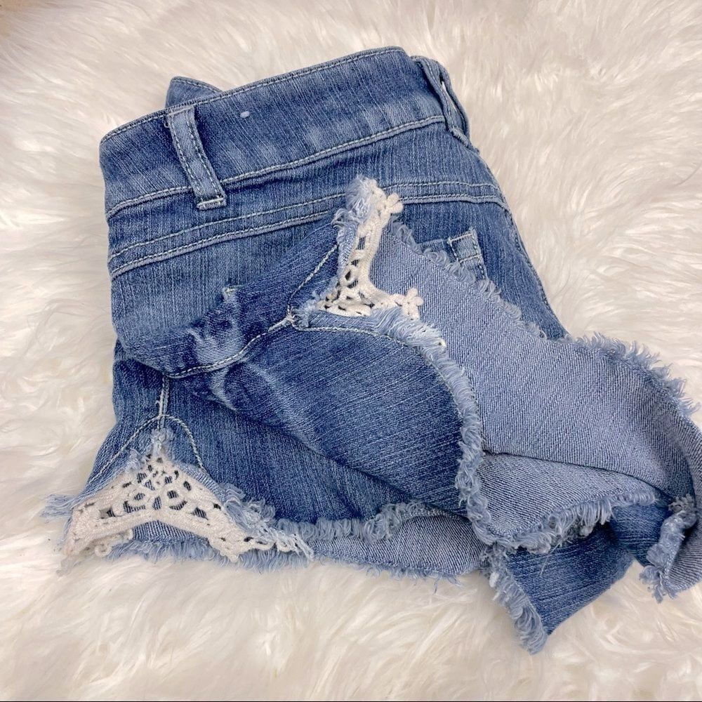 Rewind cut-off embroidered trim shorts denim daisy dukes, detail size 9